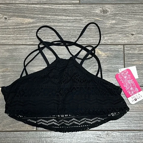 NWT Hula Honey High Neck Bikini Swim Top Black Lace Overlay XS S M XL Juniors' - Picture 9 of 13